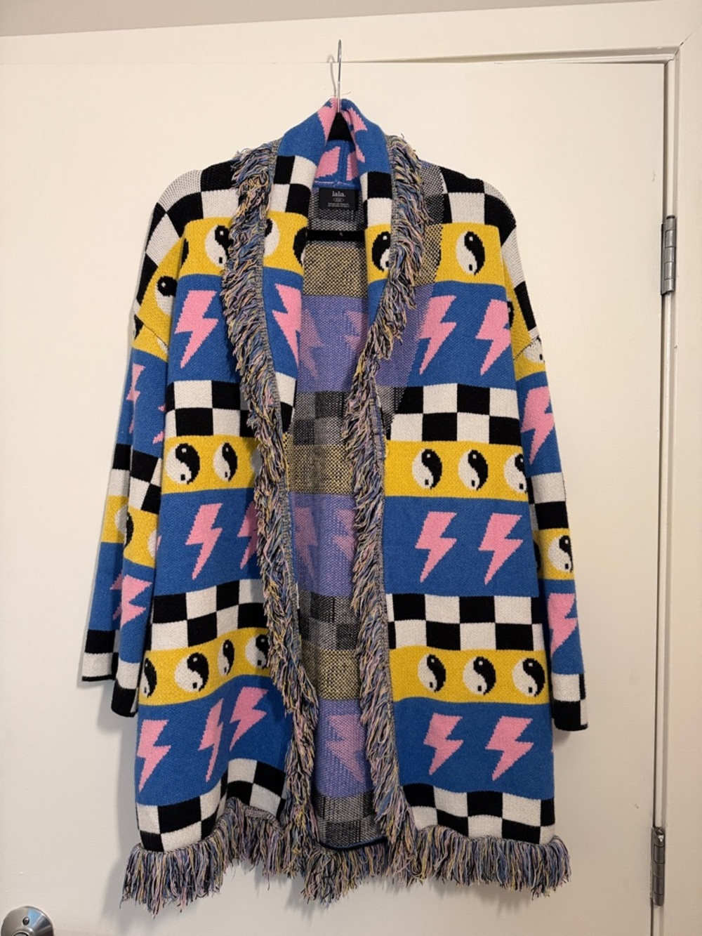 Dressed in LALA Blue, Pink, Yellow & Black Graphic Fringe Knit Cardigan